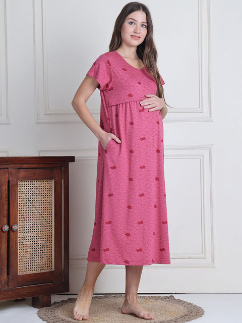 Secret Wish Women Conversational Printed Pure Cotton Maternity Midi Nighty - Image 3