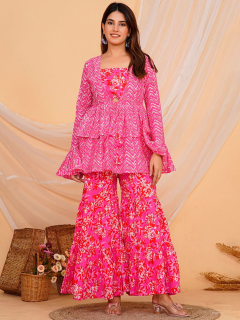 JAGNA Floral Printed Shoulder Straps Pure Cotton Top & Palazzos With Shrug