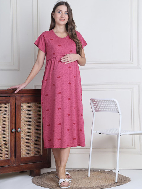 Secret Wish Women Conversational Printed Pure Cotton Maternity Midi Nighty - Image 5