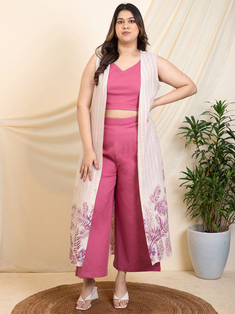 DEEBACO Plus Size V-Neck Crop Top With Trousers & Shrug