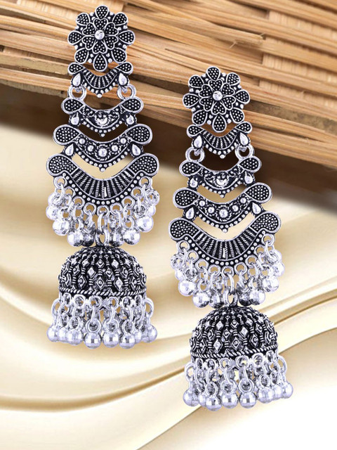 Anouk Rhodium-Plated Floral Shaped Oxidised Drop Earrings