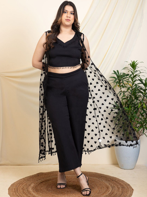 DEEBACO Plus Size V-Neck Crop Top With Trousers & Shrug
