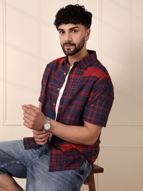 WROGN Men Comfort Fit Spread Collar Tartan Checked Cotton Casual Shirt