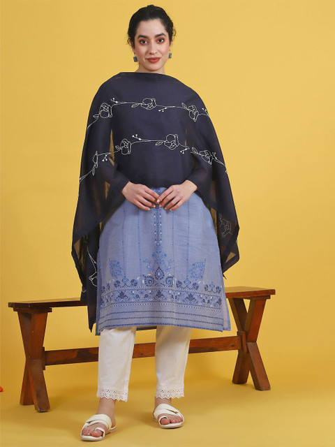 W Floral Embroidered Pure Cotton Dupatta With Thread Work