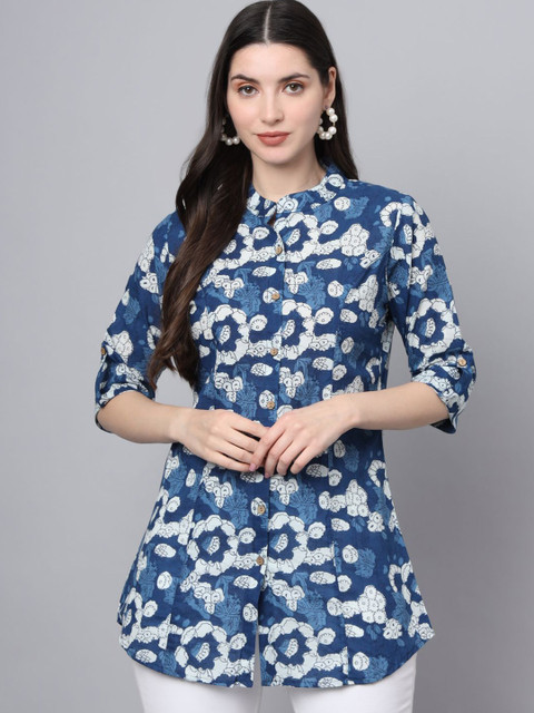 BAESD Women Floral Print Mandarin Collar Roll-Up Sleeves Cotton Shirt Style Top