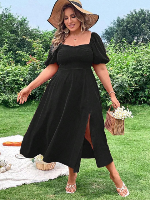 CURVE BY KOTTY Plus Size Puff Sleeve Fit & Flare Midi Dress With Slits