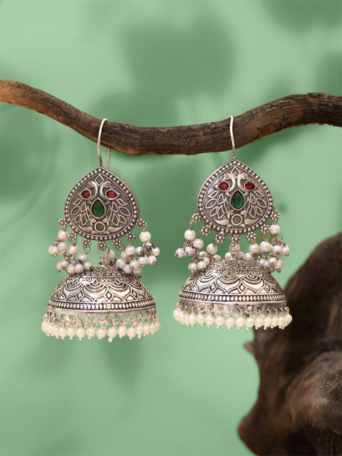 Yellow Chimes Silver-Plated Stone Studded & Beaded Dome Shaped Oxidized Big Jhumkas