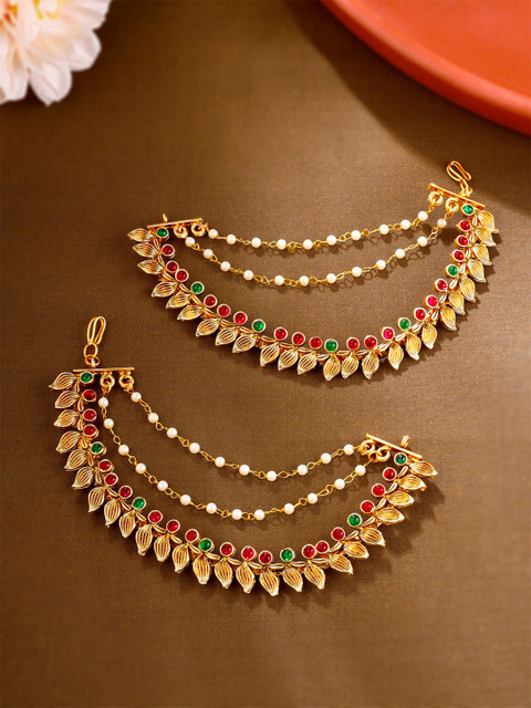 Yellow Chimes Gold Plated Stone Studded & Pearls Beaded Layered Pearl Ear Chains