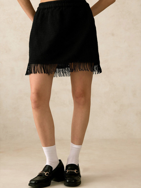Virgio Pure Cotton Crochet Mini Skirt With Fringes