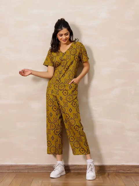 Vivika Women Printed V-Neck Cotton Basic Jumpsuit