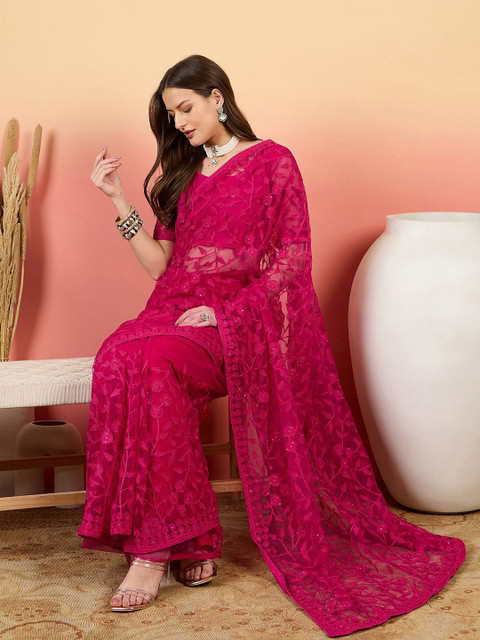 Sangria Embroidered Net Saree With Unstitched Blouse