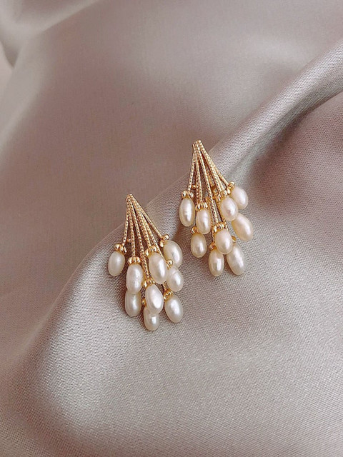 PolluxCraft Gold-Plated Contemporary Pearls Korean Drop Earrings