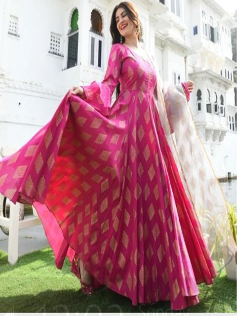 SINSINI Geometric Printed V-Neck Anarkali Kurta With Dupatta