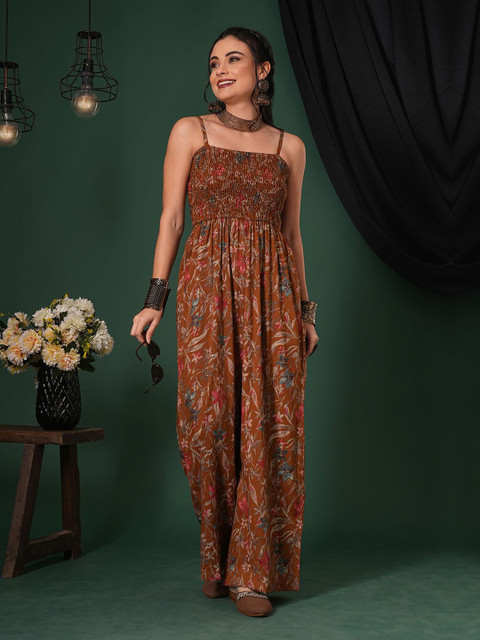 Globus Square Neck Adjustable Strappy Shoulder Smocked Floral Print Fusion Jumpsuit