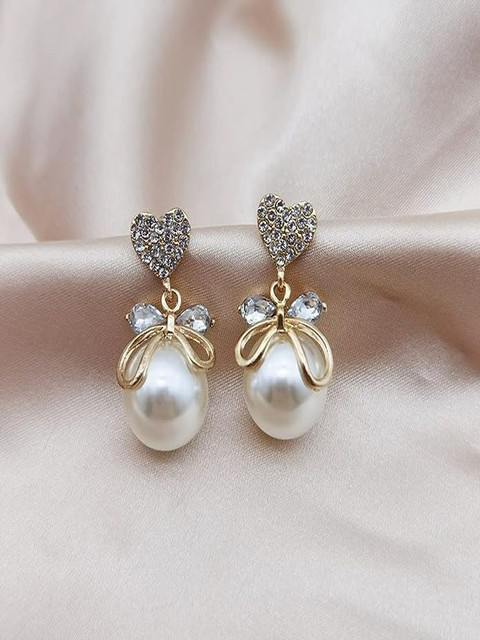 PolluxCraft Gold-Plated Heart Shaped Pearls Korean Drop Earrings