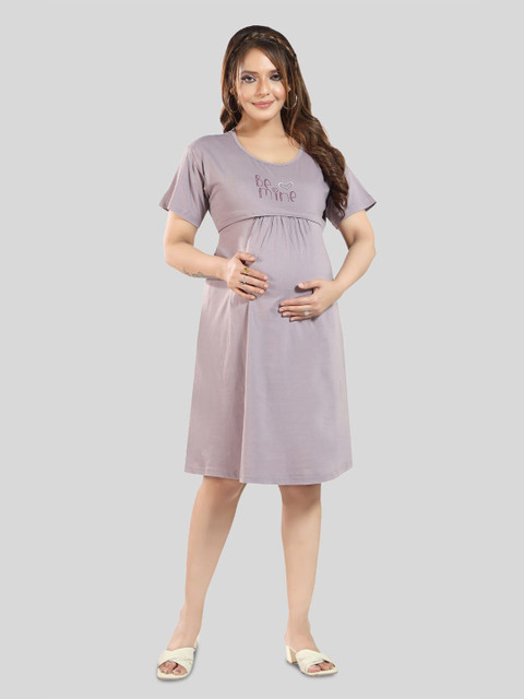 Fabme Typography Printed Pure Cotton Maternity T-Shirt Dress