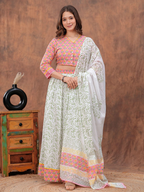 PARTHVI Floral Printed Block Print Pure Cotton Ready to Wear Lehenga With Blouse & Dupatta