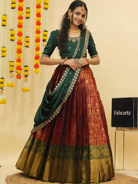 Fabcartz Embroidered Beads Stones Semi-Stitched Lehenga & Unstitched Blouse With Dupatta