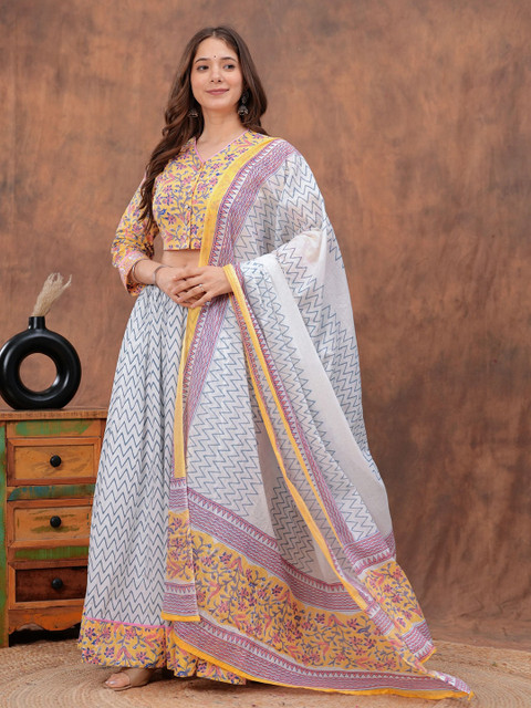 PARTHVI Floral Printed Block Print Pure Cotton Ready to Wear Lehenga With Blouse & Dupatta