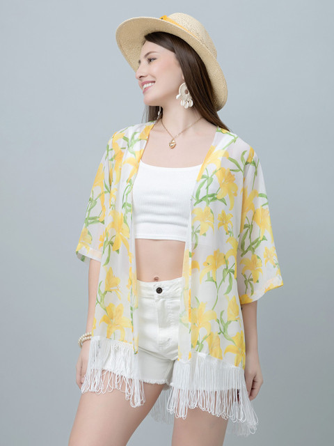 PURYS Floral Printed Tasselled Longline Open Front Shrug