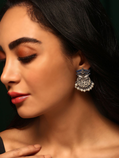 Priyaasi Silver-Plated Contemporary Stones & Beads Oxidised Meenakari Chandbalis Earrings