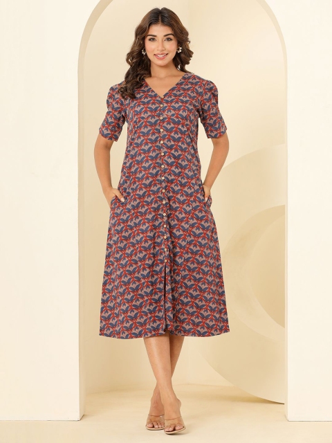 Eco Clothing Women Cotton Floral Printed A-Line Midi Dress