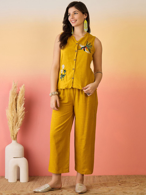 Sangria Mustard And Green Embroidered V-Neck Pure Cotton Top & Trousers