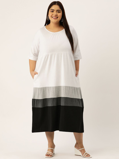 theRebelinme Women Colourblocked Pure Cotton Plus Size A-Line Midi Dress