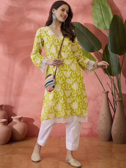 Sangria Black Floral Printed V-Neck Thread Work Pure Cotton Straight Kurta - Image 6