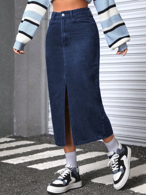 AAHWAN Women High Waist Slit Denim Straight Midi Skirt - Image 3