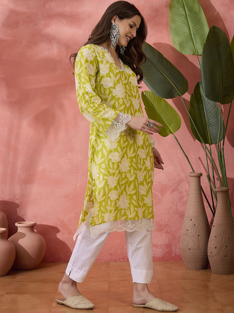 Sangria Black Floral Printed V-Neck Thread Work Pure Cotton Straight Kurta - Image 4