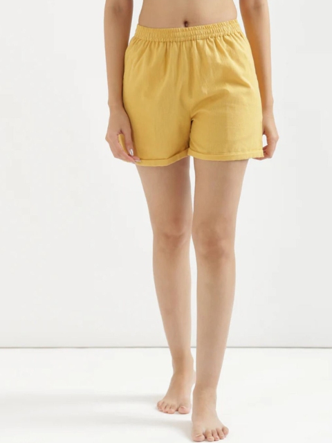 SAADAA Women Yellow Cotton-Linen Blend Relaxed Fit Mid-Rise Shorts