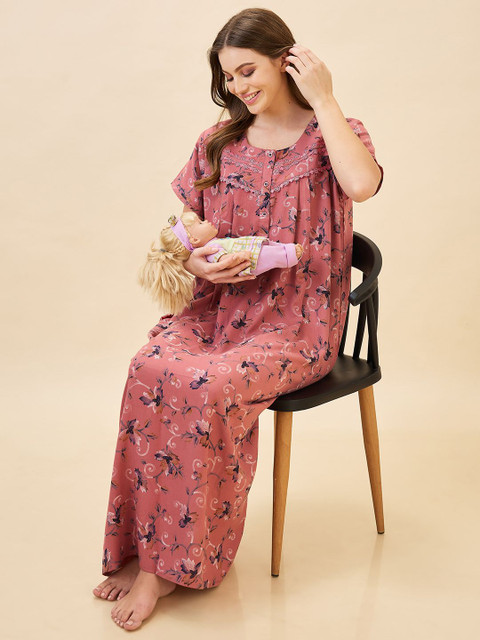 AV2 Women Maternity Printed Pure Cotton Maxi Nightdress
