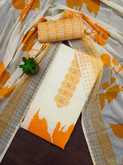 HERE&NOW Floral Printed Beads And Stones Cotton Unstitched Dress Material