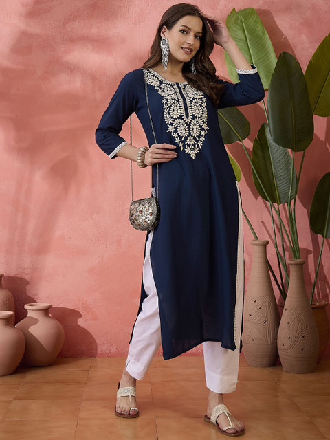 Sangria Embroidered Straight Chickenkari Kurta - Image 4