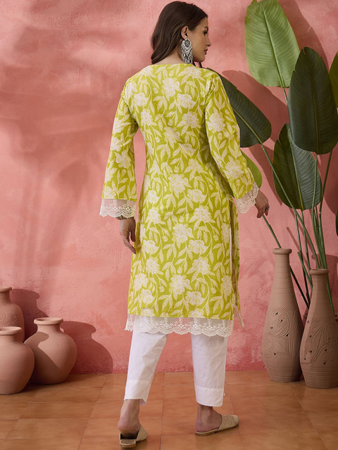 Sangria Black Floral Printed V-Neck Thread Work Pure Cotton Straight Kurta - Image 5
