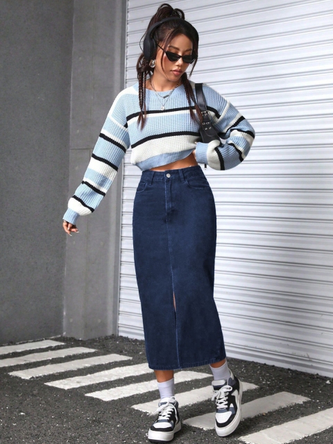 AAHWAN Women High Waist Slit Denim Straight Midi Skirt - Image 5
