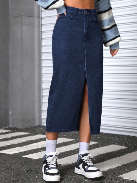 AAHWAN Women High Waist Slit Denim Straight Midi Skirt - Image 2