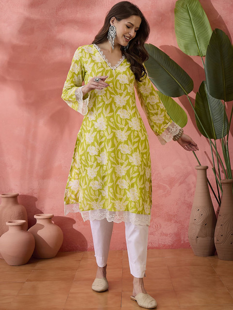 Sangria Black Floral Printed V-Neck Thread Work Pure Cotton Straight Kurta - Image 2