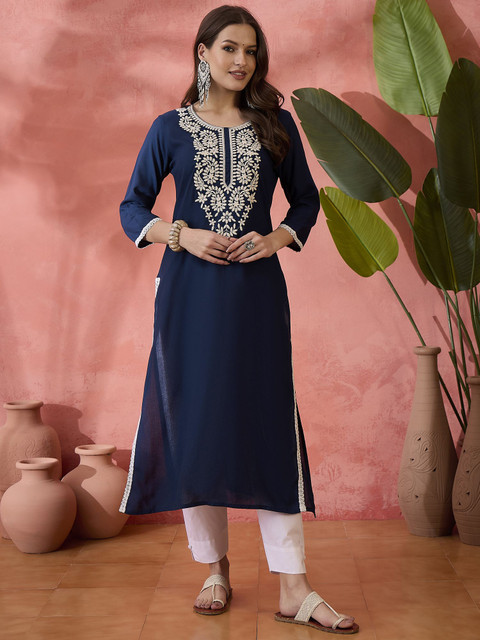 Sangria Embroidered Straight Chickenkari Kurta - Image 2