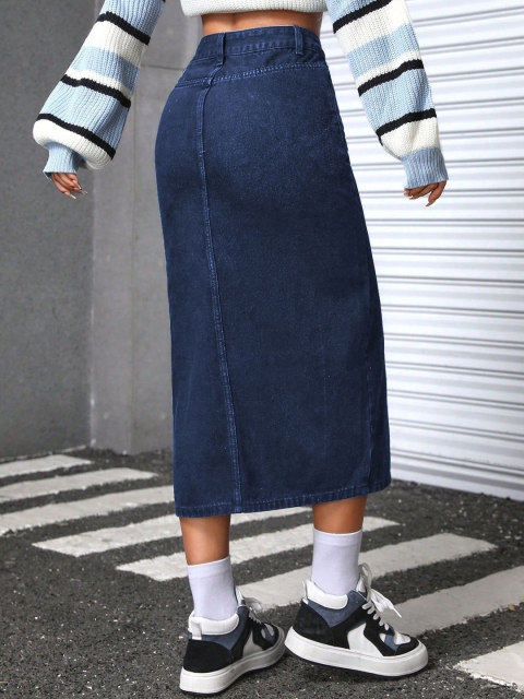 AAHWAN Women High Waist Slit Denim Straight Midi Skirt - Image 4