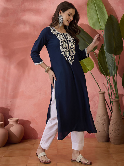 Sangria Embroidered Straight Chickenkari Kurta - Image 6