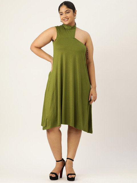 theRebelinme Women Plus Size High Neck A-Line Midi Dress