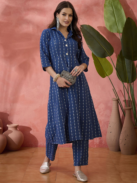 Sangria Blue Ethnic Motifs Woven Design High Slit Shirt Collar Pure Cotton Tunic & Trouser - Image 4