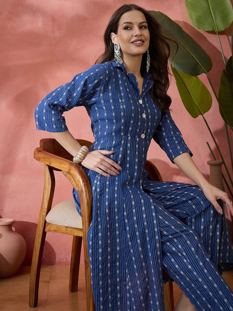 Sangria Blue Ethnic Motifs Woven Design High Slit Shirt Collar Pure Cotton Tunic & Trouser