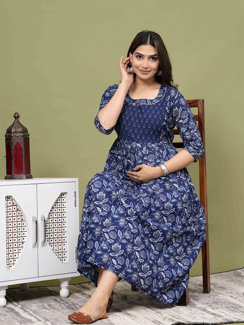 mad fury Women Floral Printed Cotton Maternity Fit and Flare Midi Dress