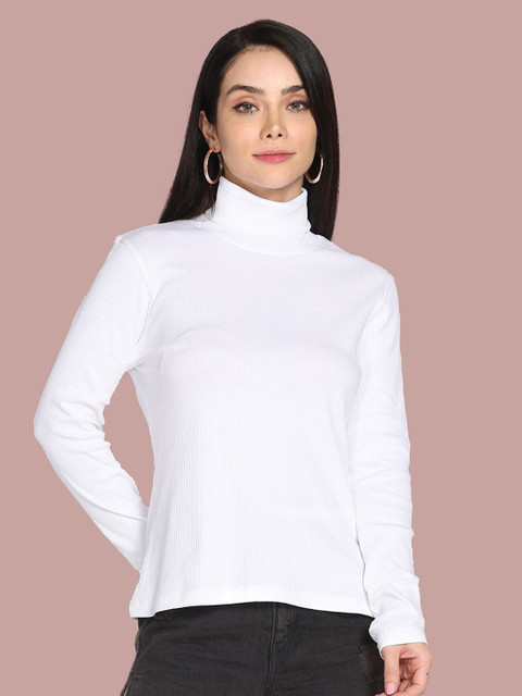 Twin Birds Women White Solid Full Sleeve TurtleNeck Ribbed Tee