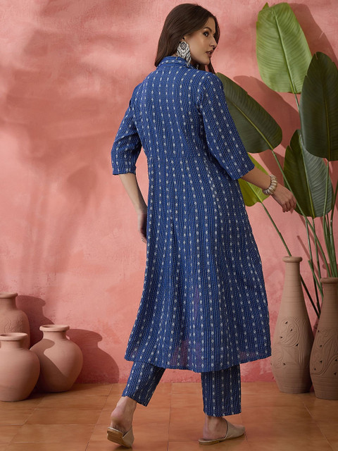 Sangria Blue Ethnic Motifs Woven Design High Slit Shirt Collar Pure Cotton Tunic & Trouser - Image 6