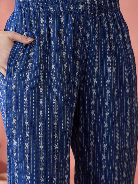 Sangria Blue Ethnic Motifs Woven Design High Slit Shirt Collar Pure Cotton Tunic & Trouser - Image 3