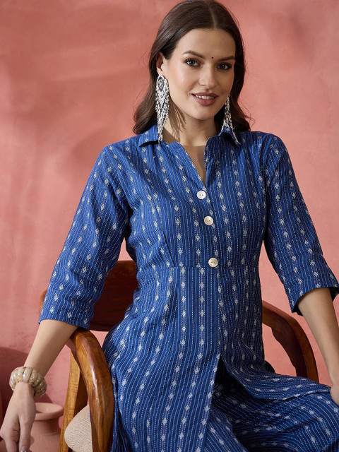 Sangria Blue Ethnic Motifs Woven Design High Slit Shirt Collar Pure Cotton Tunic & Trouser - Image 2